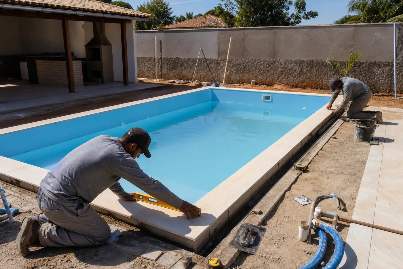 Profissionais alinhando acabamento e borda de piscina residencial durante etapa final de construção