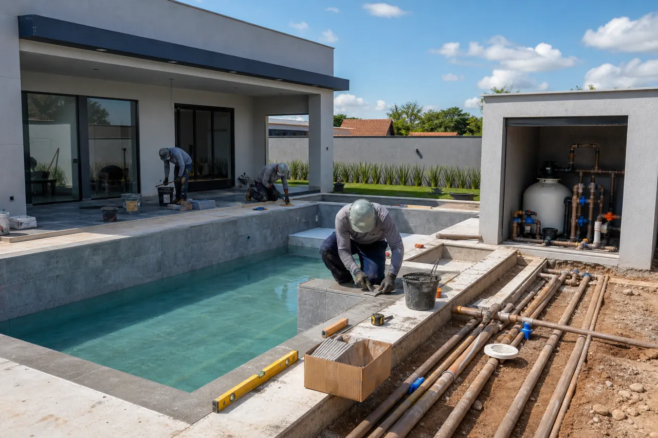 Piscina residencial em etapa final com equipe técnica instalando acabamento tubulações e casa de máquinas ao lado