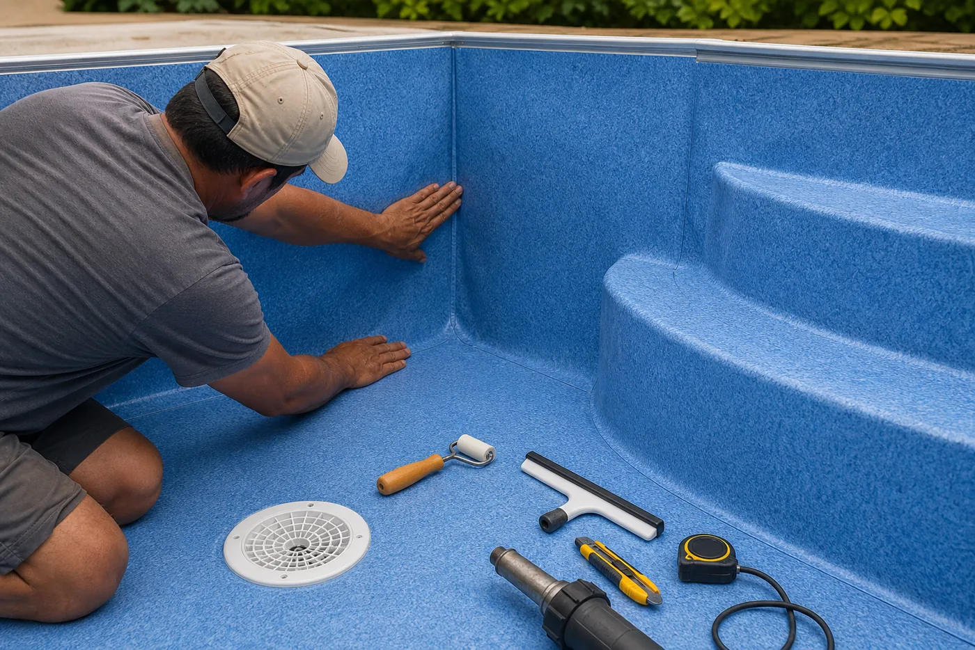 Profissional conferindo emenda e acabamento do vinil azul em degraus de piscina