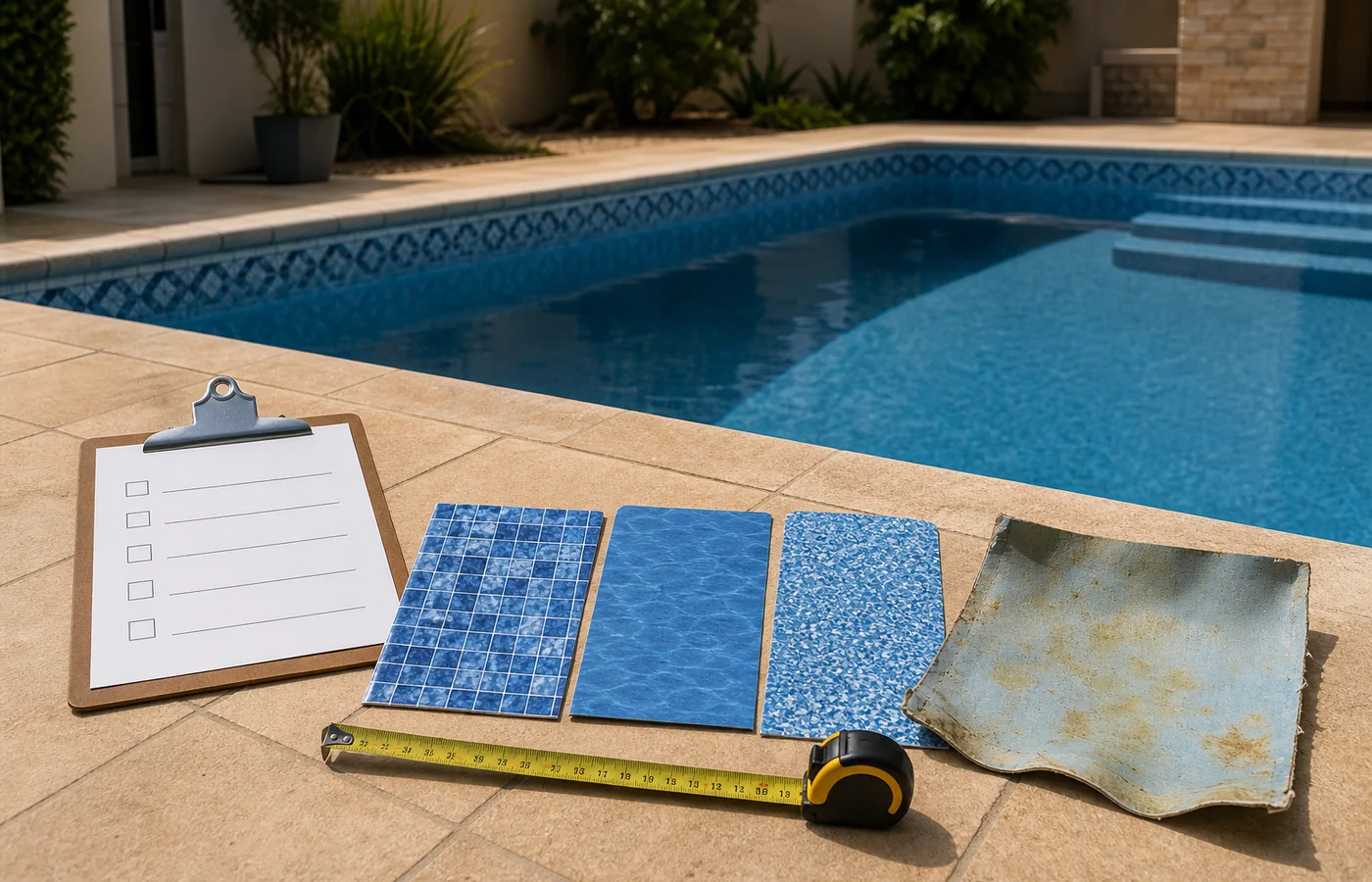 Amostras de vinil para piscina com trena e peça antiga manchada para decisão de troca