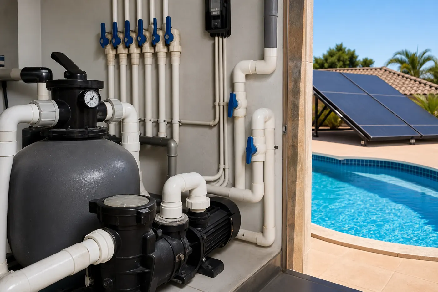 Filtro bomba válvulas e tubulação de piscina ligados ao sistema de aquecimento solar com coletores ao fundo