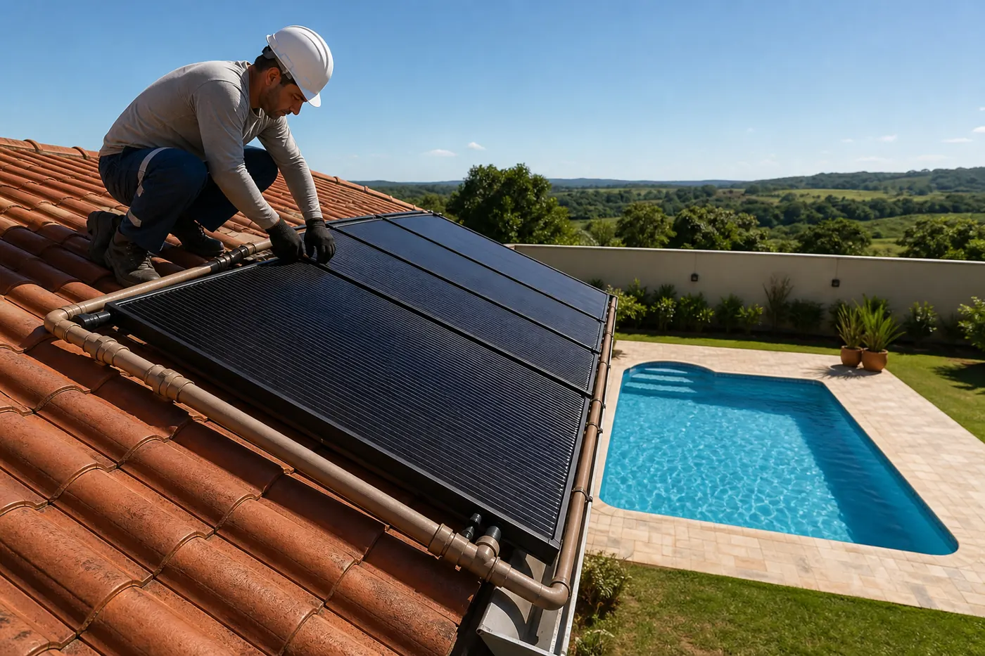 Técnico ajustando coletores de aquecimento solar de piscina em telhado com piscina residencial ao fundo