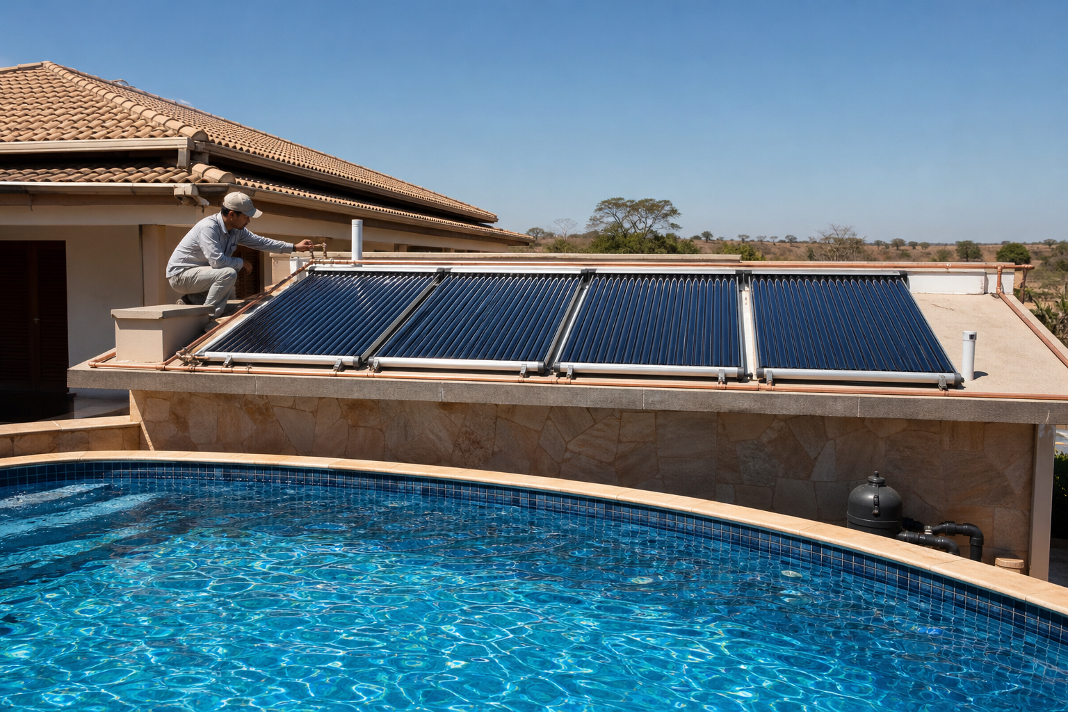 Piscina residencial com coletores solares térmicos instalados próximos ao telhado e técnico conferindo tubulação