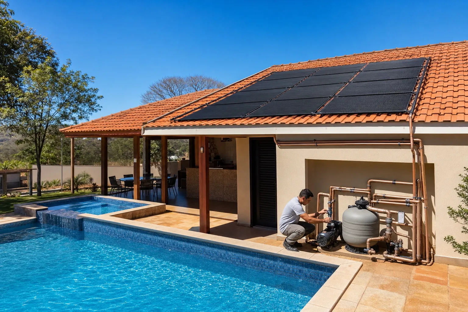 Piscina residencial com coletores de aquecimento solar no telhado e técnico verificando a casa de máquinas