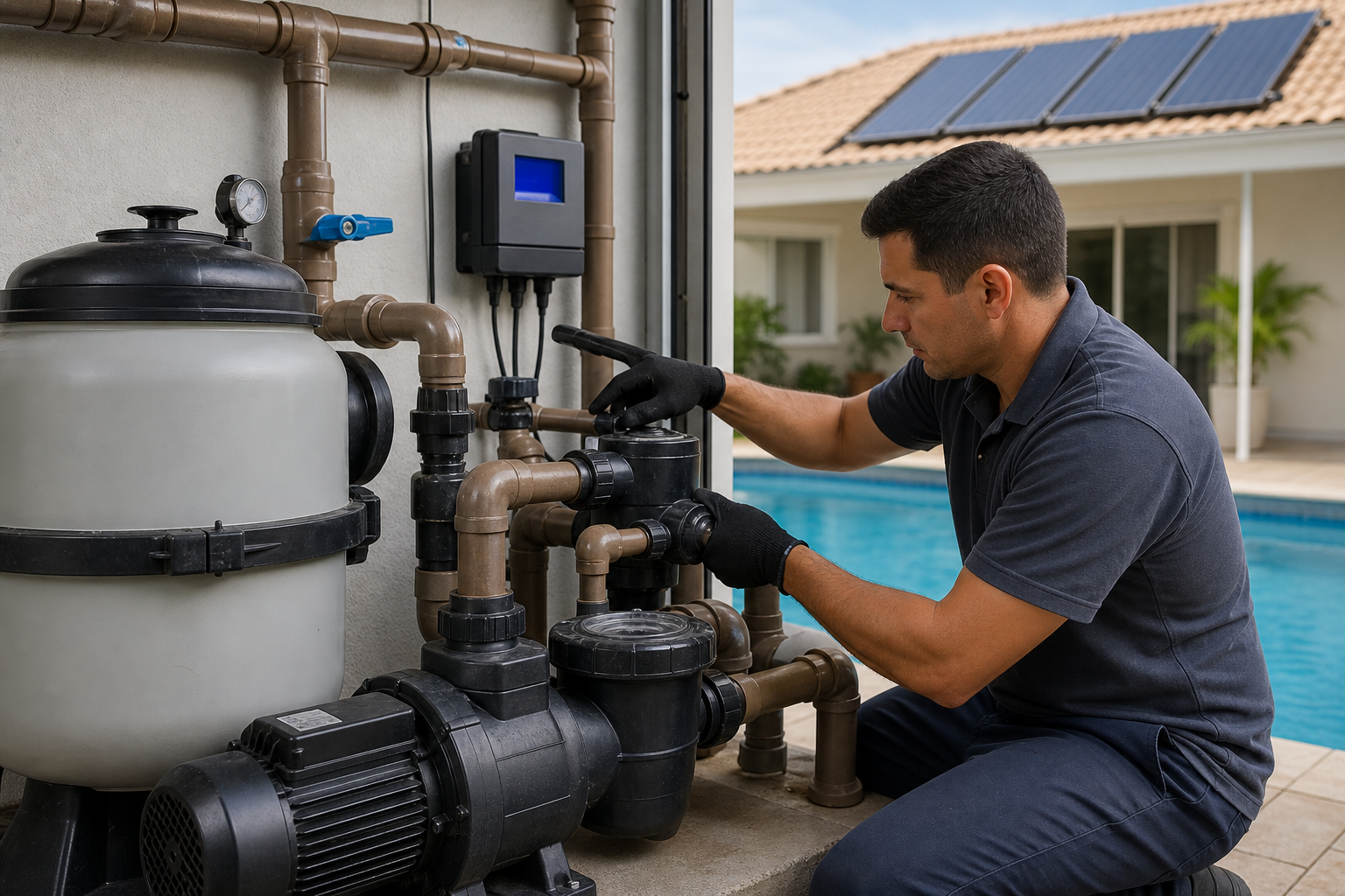 Casa de máquinas de piscina com filtro, bomba, tubulações, válvula e técnico conferindo o sistema de aquecimento solar
