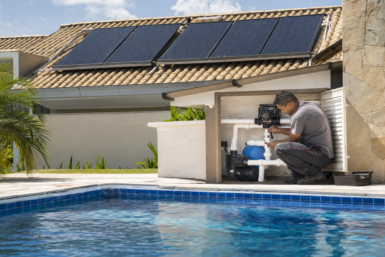 Piscina residencial com coletores solares térmicos no telhado e técnico verificando tubulação da casa de máquinas