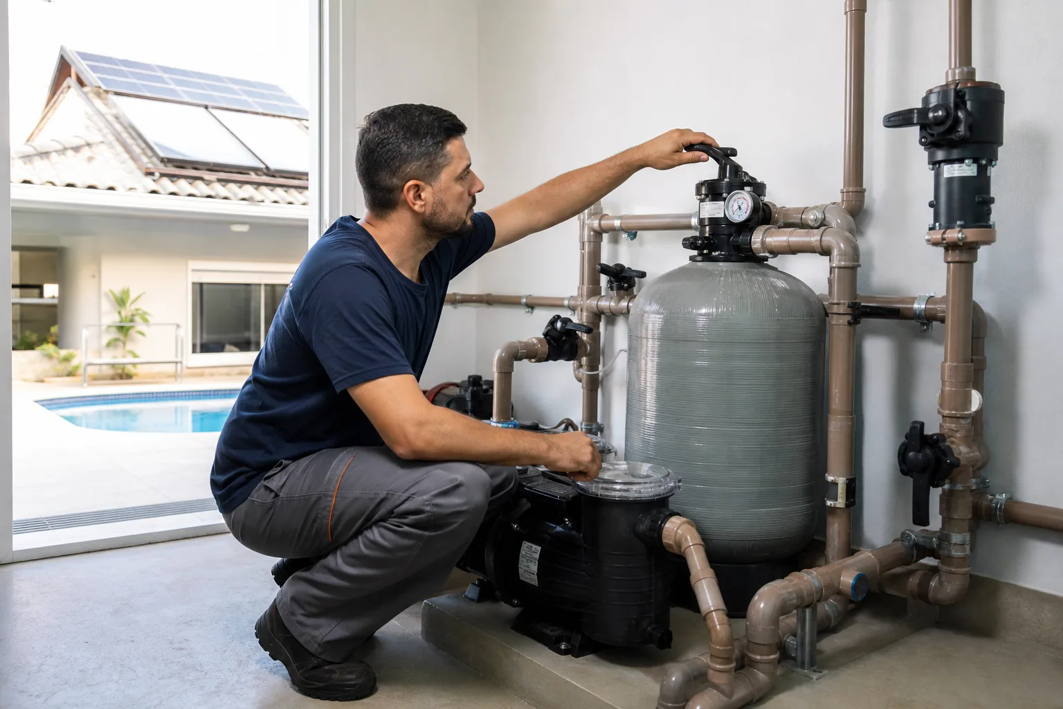 Técnico conferindo filtro bomba válvulas e tubulação de piscina ligados ao sistema de aquecimento solar