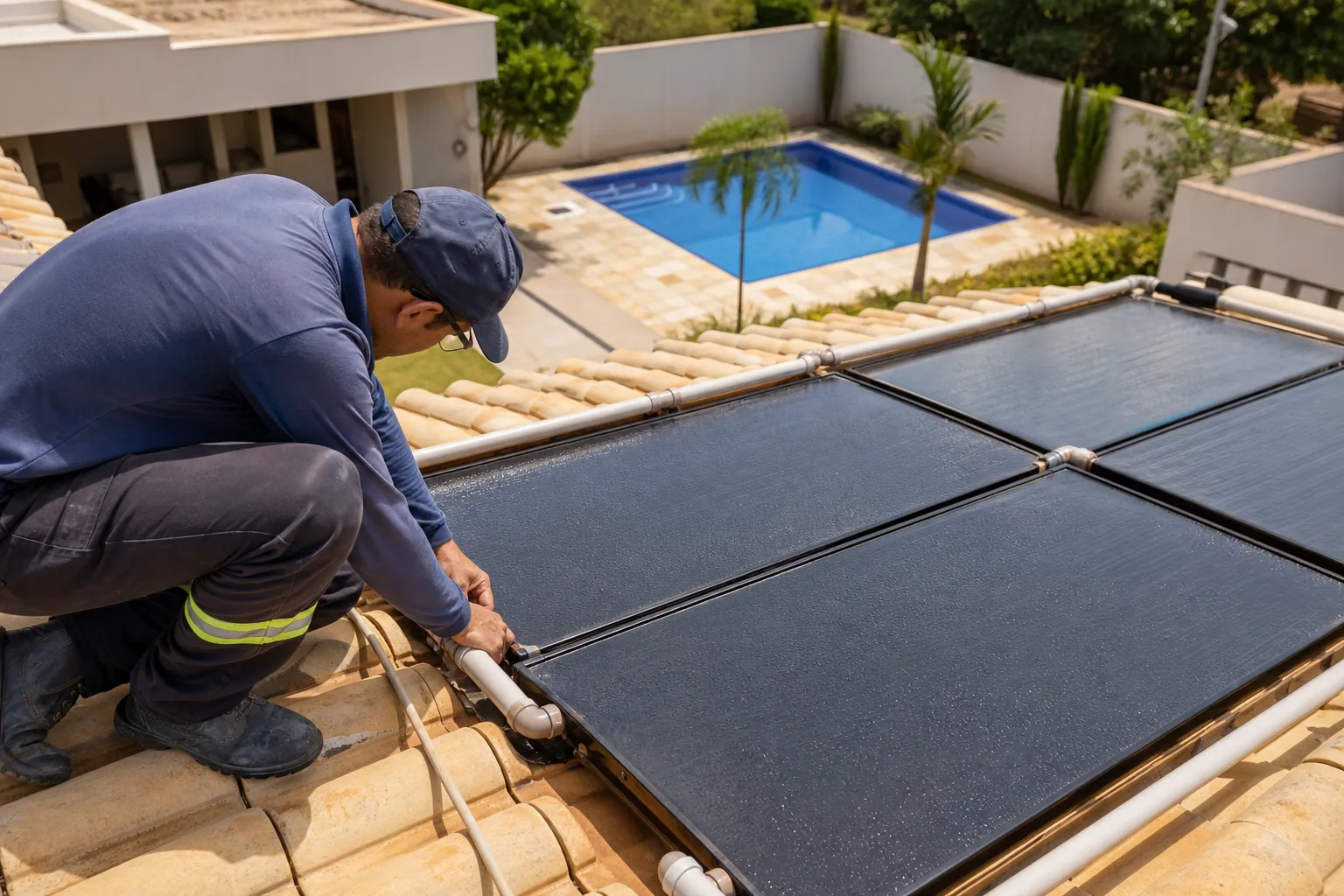 Técnico ajustando coletores de aquecimento solar de piscina em telhado com piscina residencial ao fundo