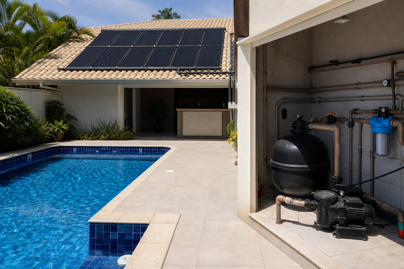 Piscina residencial com coletores de aquecimento solar no telhado
