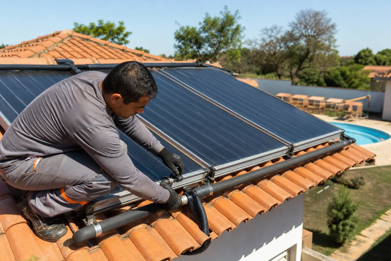 Técnico ajustando coletores de aquecimento solar de piscina em telhado com piscina residencial ao fundo