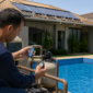 Técnico avaliando aquecimento solar de piscina com coletores no telhado