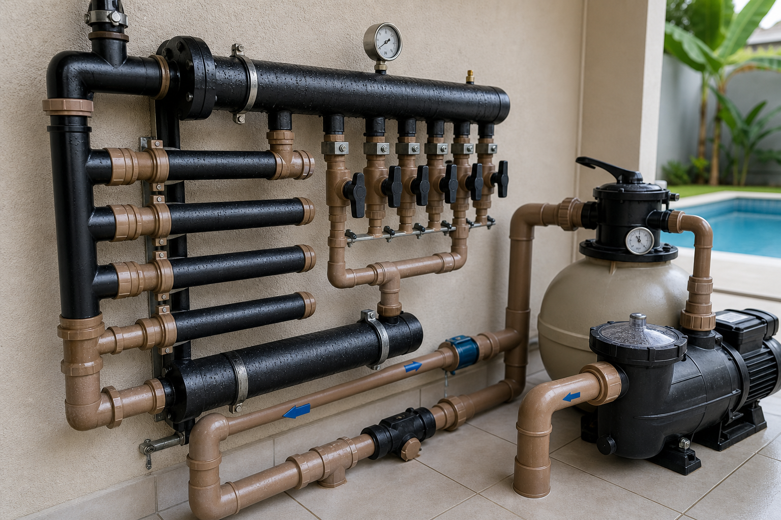 Tubulação manifold e bomba de aquecimento solar para piscina