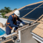 Técnico verificando coletores de aquecimento solar para piscina em telhado residencial