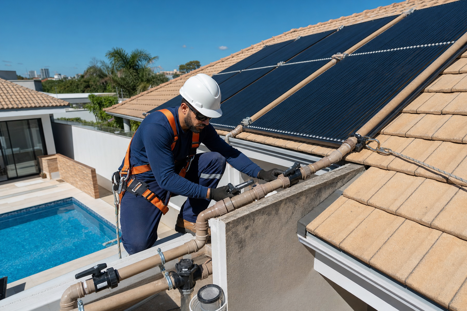 Técnico verificando coletores de aquecimento solar para piscina em telhado residencial