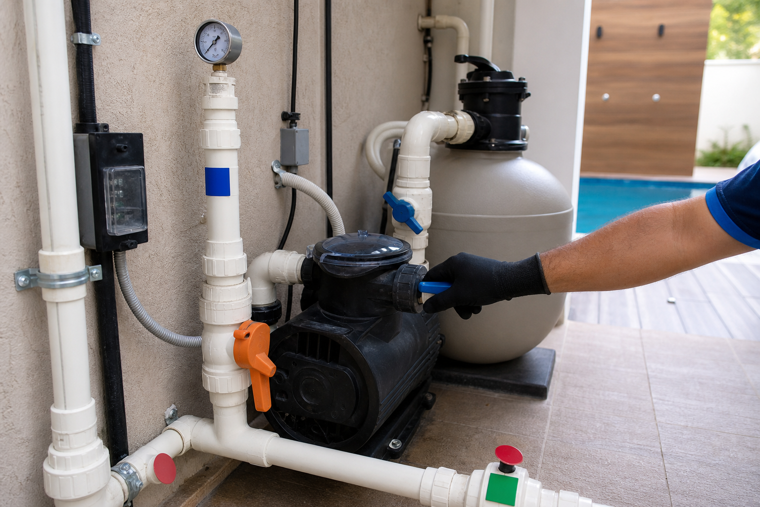 Casa de máquinas de piscina com bomba, filtro, válvulas, tubulação de PVC e manômetro para diagnóstico de aquecimento