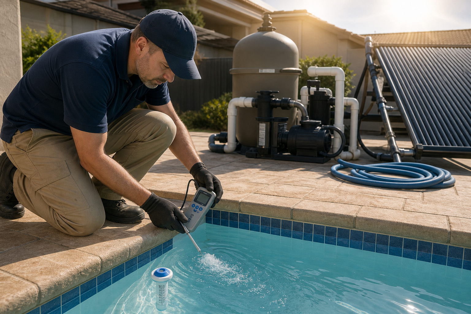 Técnico medindo temperatura e fluxo de retorno em piscina com sistema de aquecimento solar ao fundo