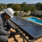 Técnico ajustando coletores de aquecimento solar para piscina no telhado com piscina residencial ao fundo