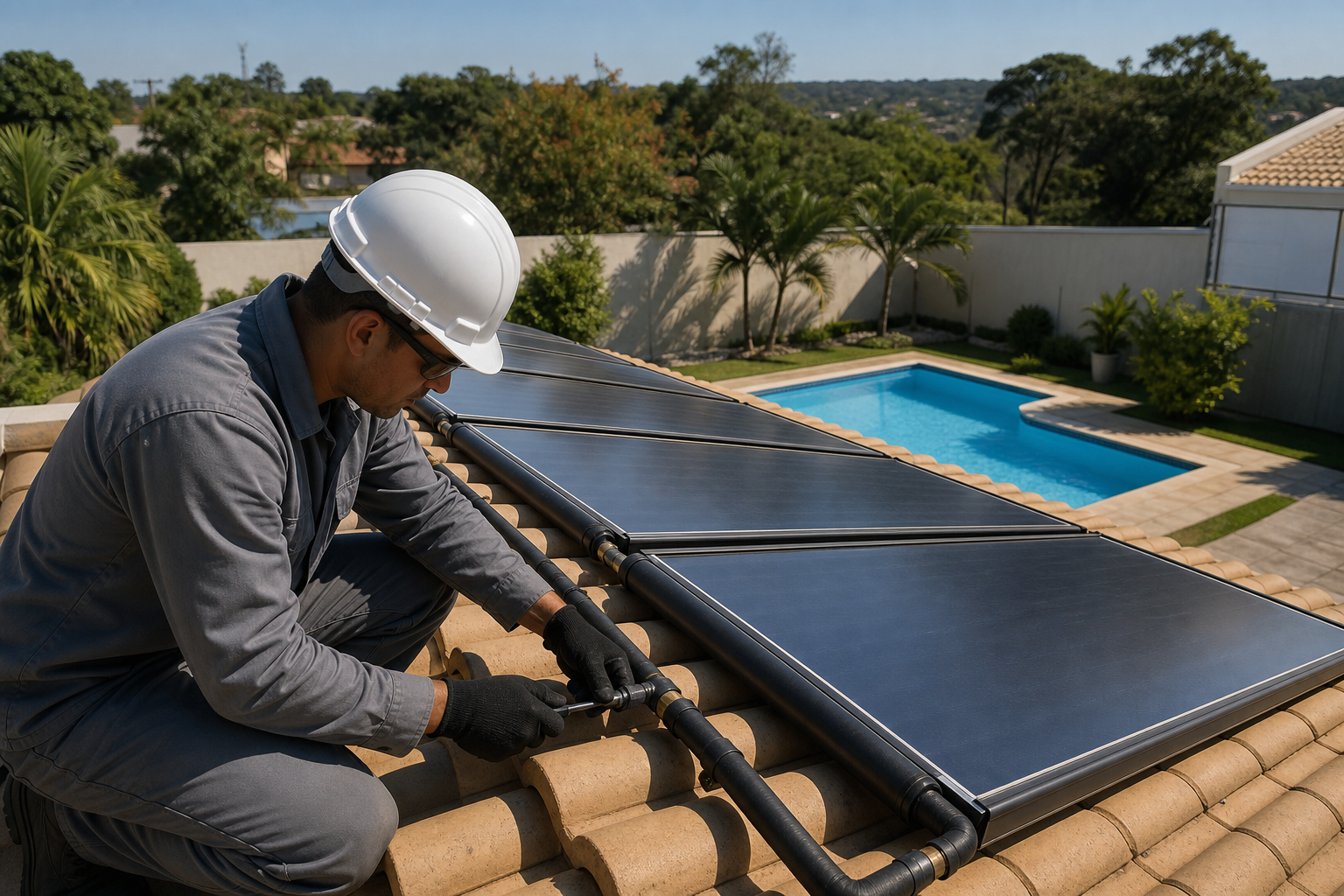 Técnico ajustando coletores de aquecimento solar para piscina no telhado com piscina residencial ao fundo