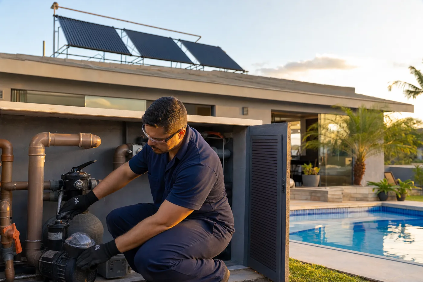 Técnico conferindo casa de máquinas de piscina com coletores de aquecimento solar no telhado e piscina ao fundo