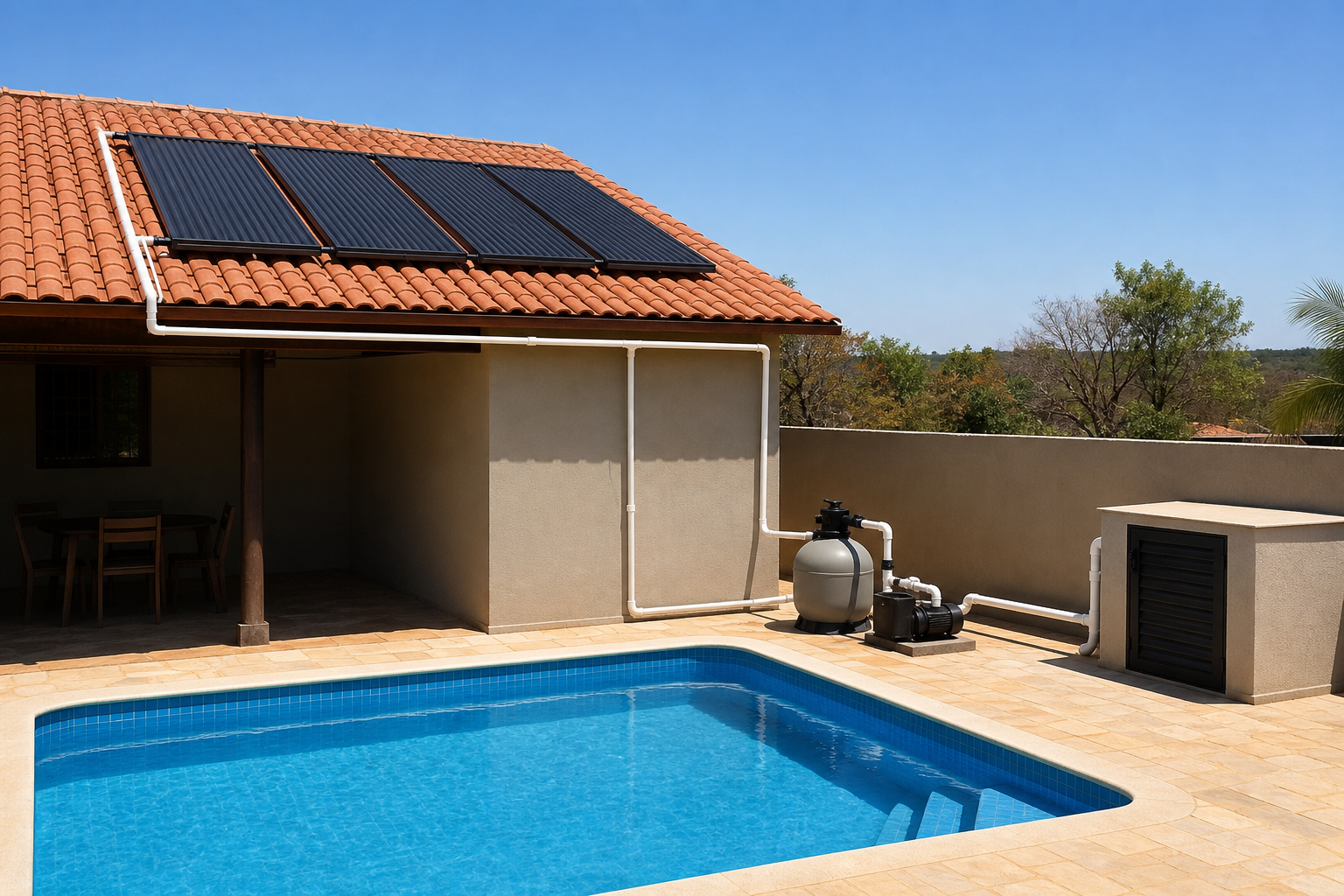 Piscina residencial com coletores solares pretos no telhado e tubulação ligada à casa de máquinas