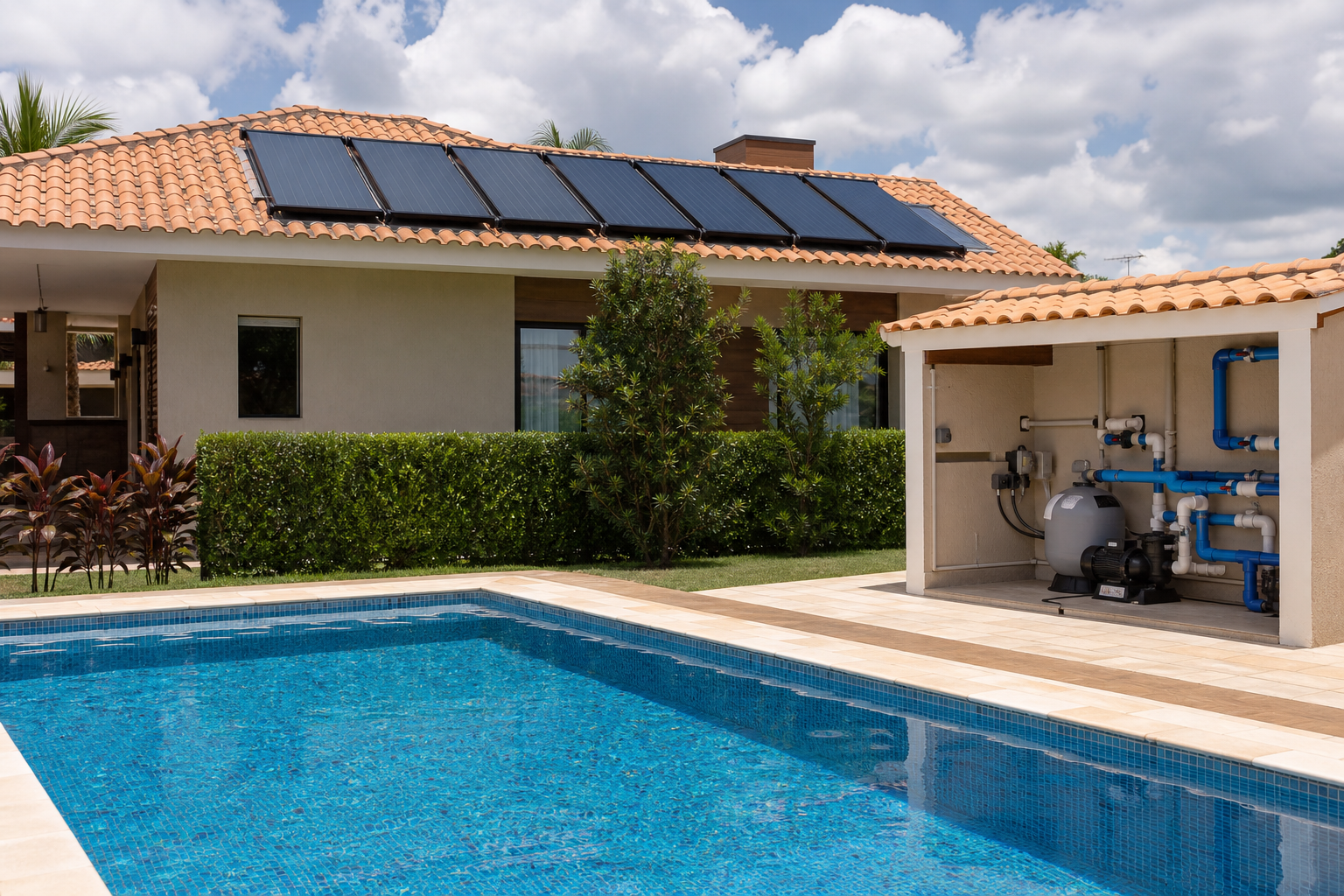 Piscina residencial com coletores solares no telhado e casa de máquinas preparada para aquecimento solar