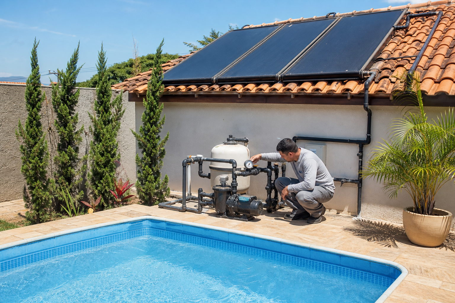 Técnico verificando manômetro e tubulações de aquecimento solar em piscina residencial