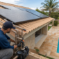Técnico ajustando tubulações em coletores de aquecimento solar para piscina com piscina residencial ao fundo