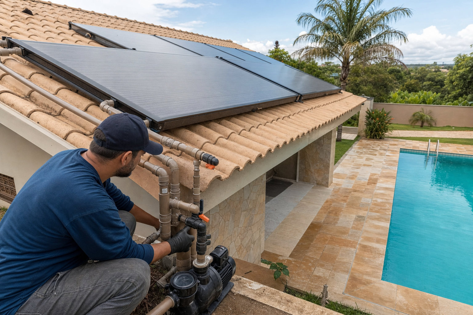 Técnico ajustando tubulações em coletores de aquecimento solar para piscina com piscina residencial ao fundo