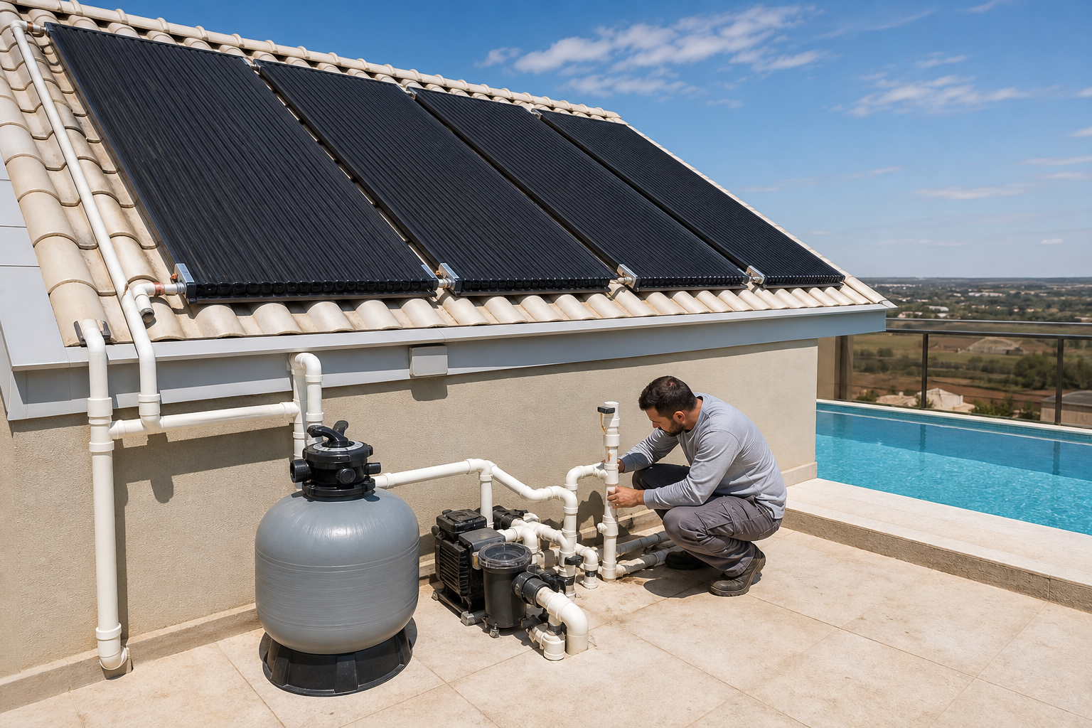 Placas coletoras de aquecimento solar para piscina instaladas em telhado com tubulação ligada à casa de máquinas