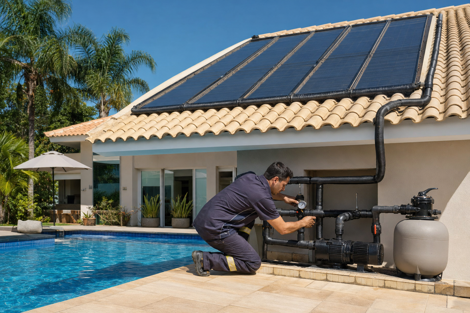 Coletores solares e técnico verificando sistema de aquecimento da piscina