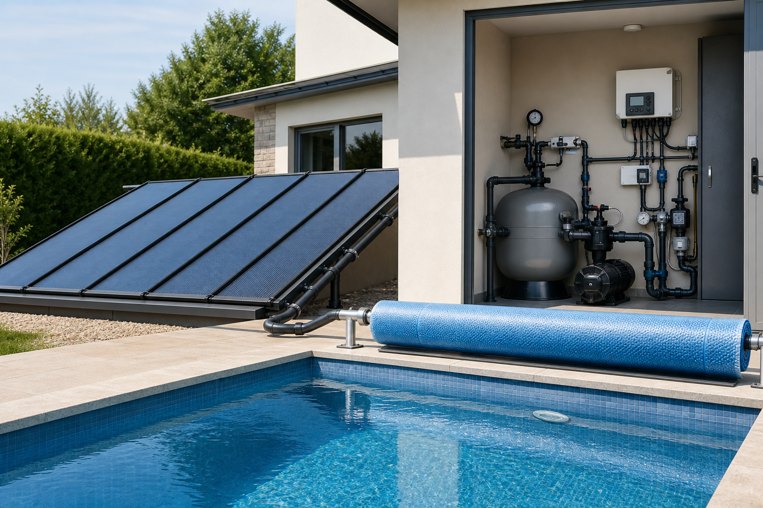 Piscina com coletores solares casa de máquinas e capa térmica