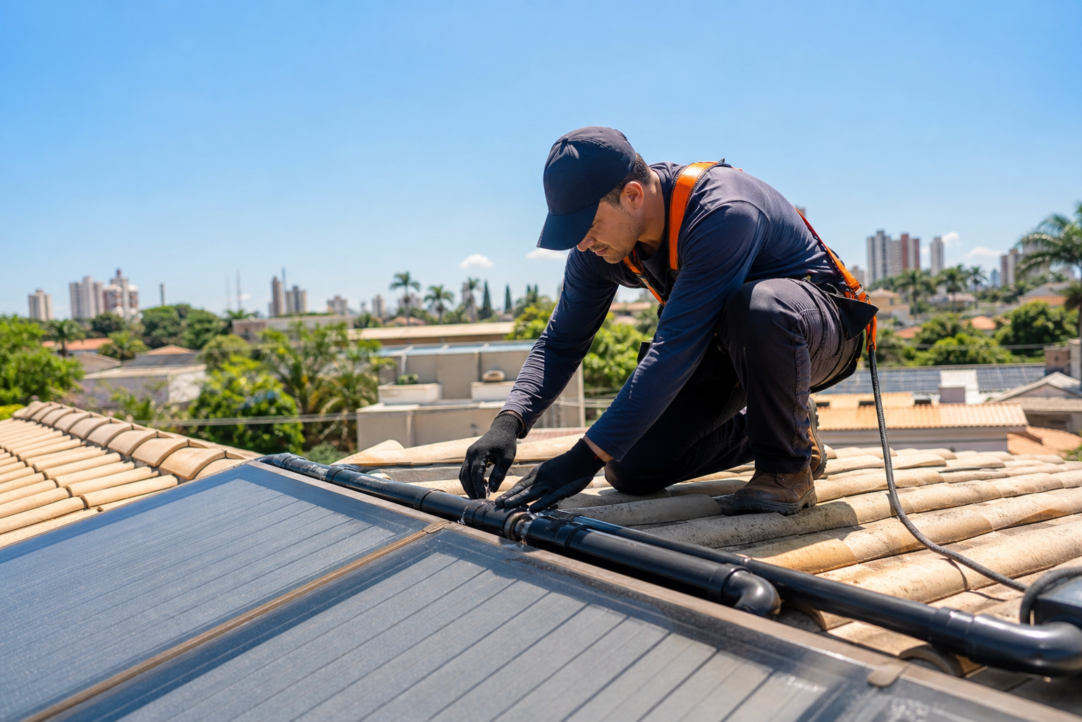 Técnico inspecionando coletor solar de piscina no telhado
