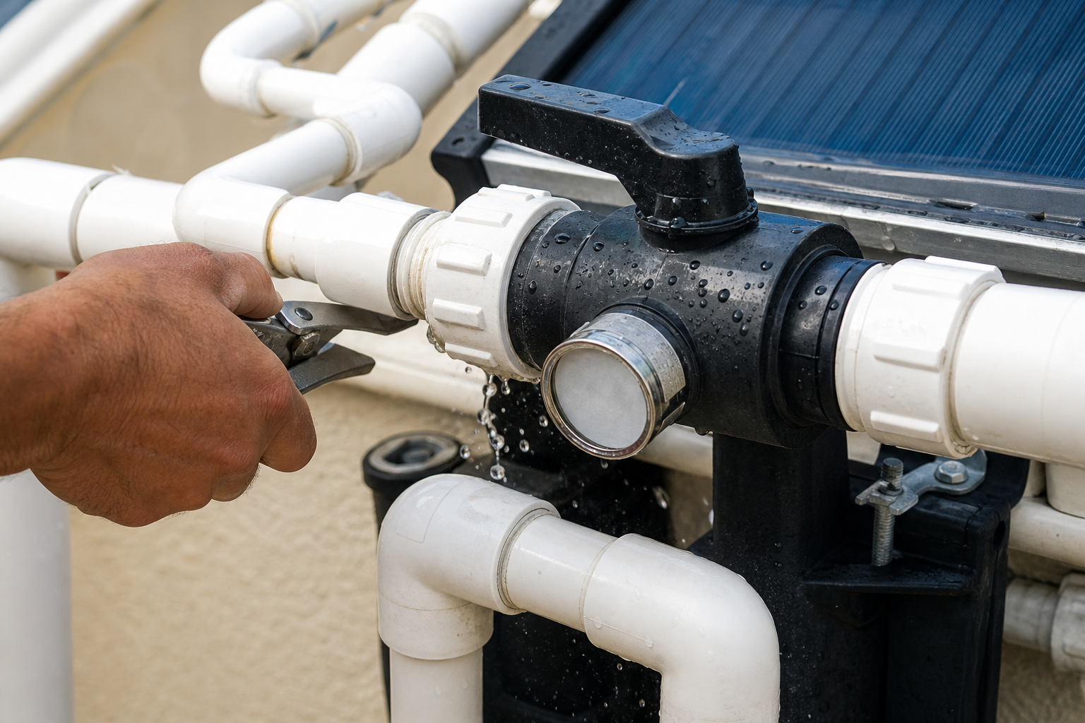 Tubulação manômetro e gotas em sistema de aquecimento solar de piscina
