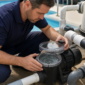 Técnico verificando bomba e pré-filtro da piscina com ar na tubulação