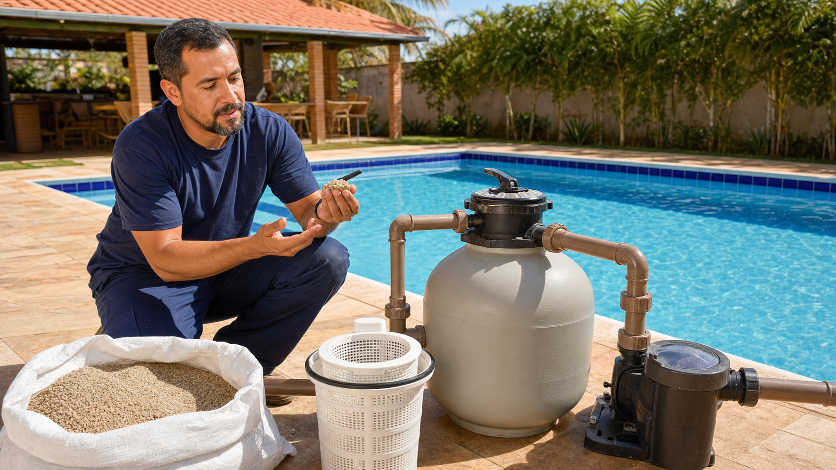 Técnico mostrando areia filtrante ao lado de filtro de areia bomba cesto pré-filtro e piscina com água azul