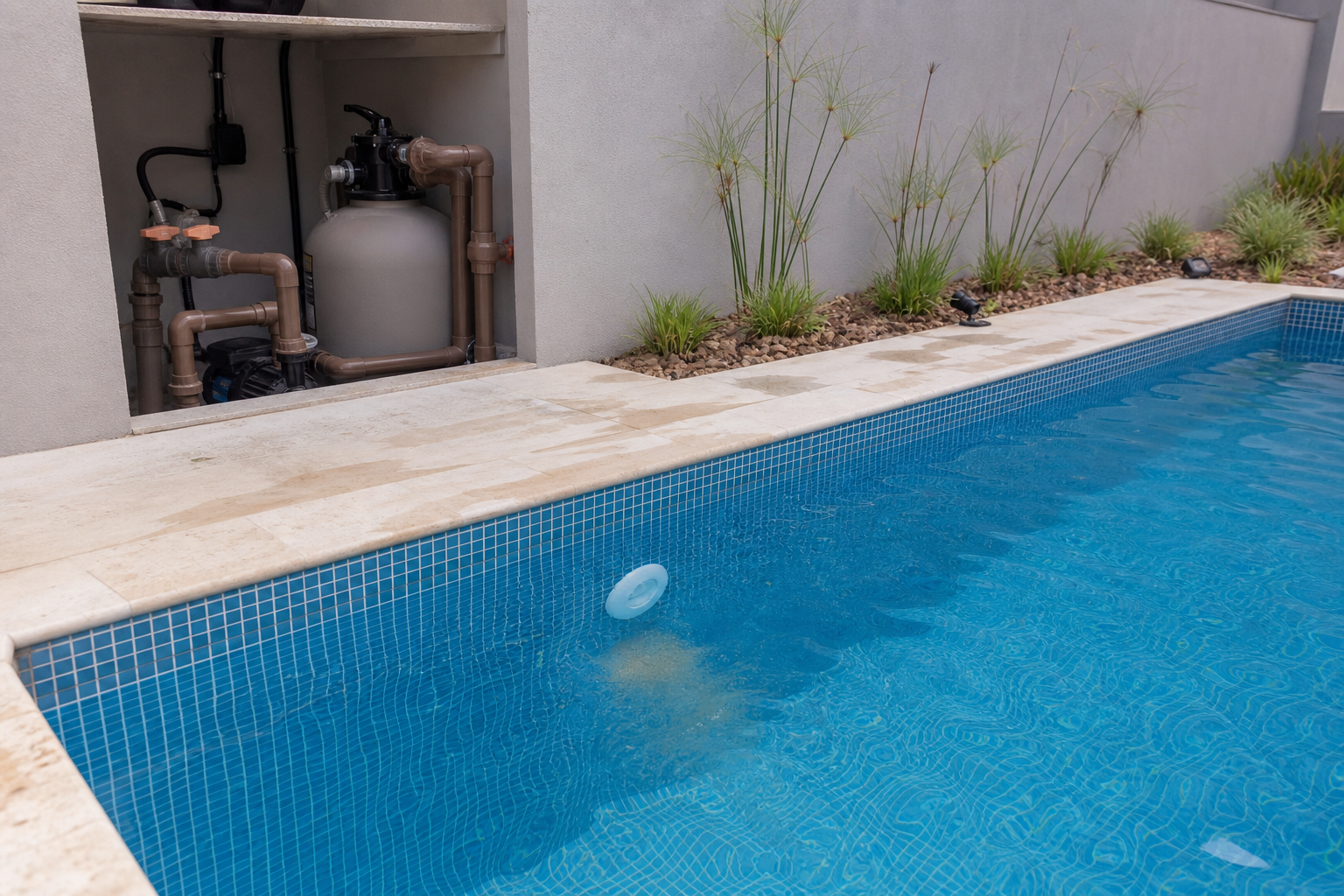 Areia aparecendo perto do retorno da piscina com filtro ao fundo