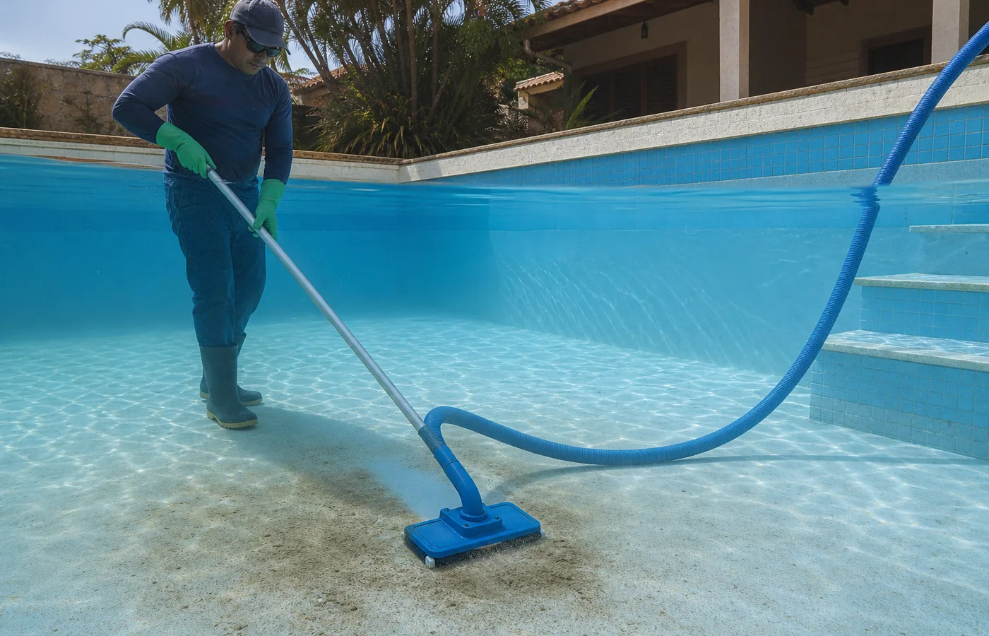 Técnico aspirando sedimentos no fundo da piscina com mangueira e cabo telescópico