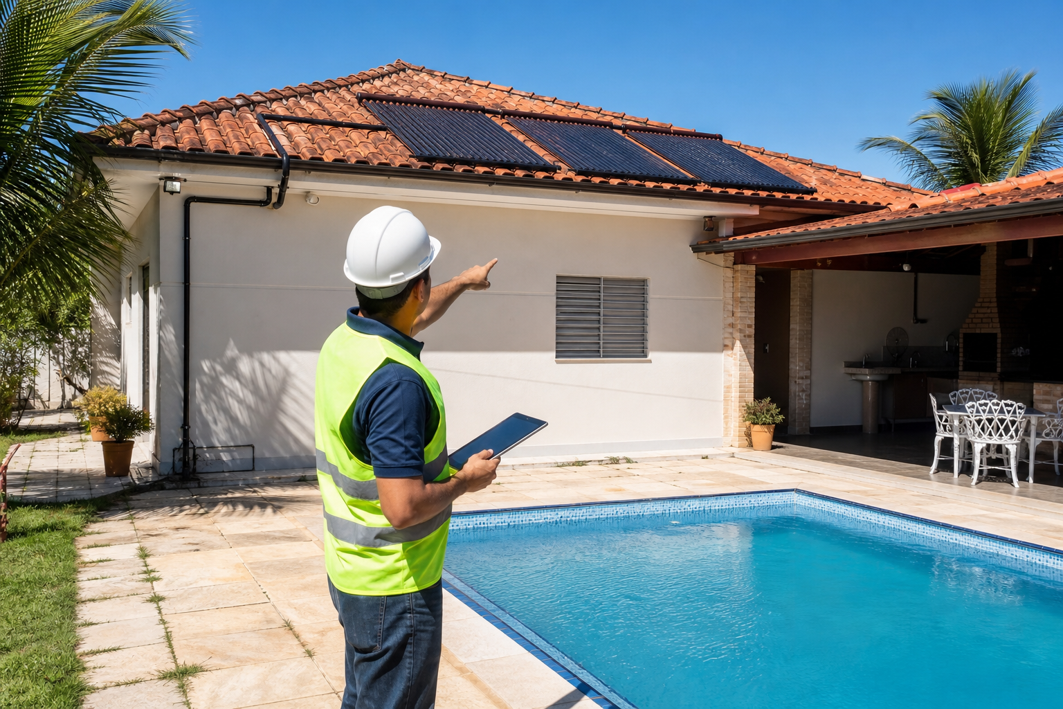 Técnico avaliando telhado com placas solares e piscina residencial no Setor Garavelo