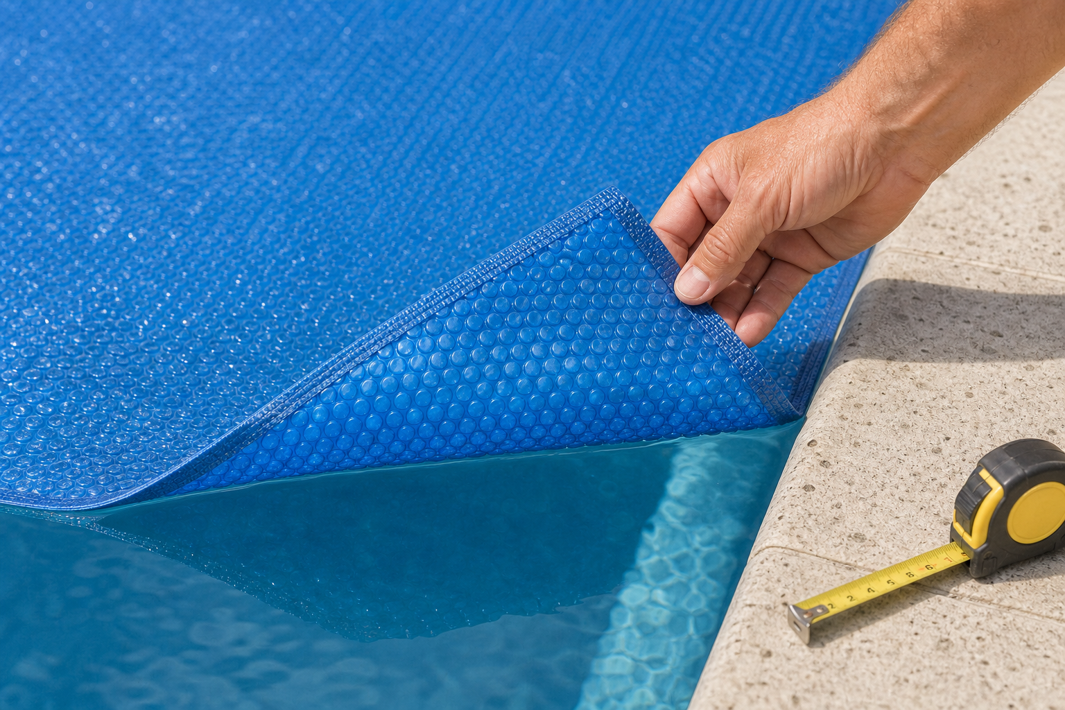 Detalhe da capa térmica de bolhas sobre a água da piscina com trena na borda