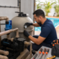 Técnico verificando filtro e manômetro da piscina na casa de máquinas