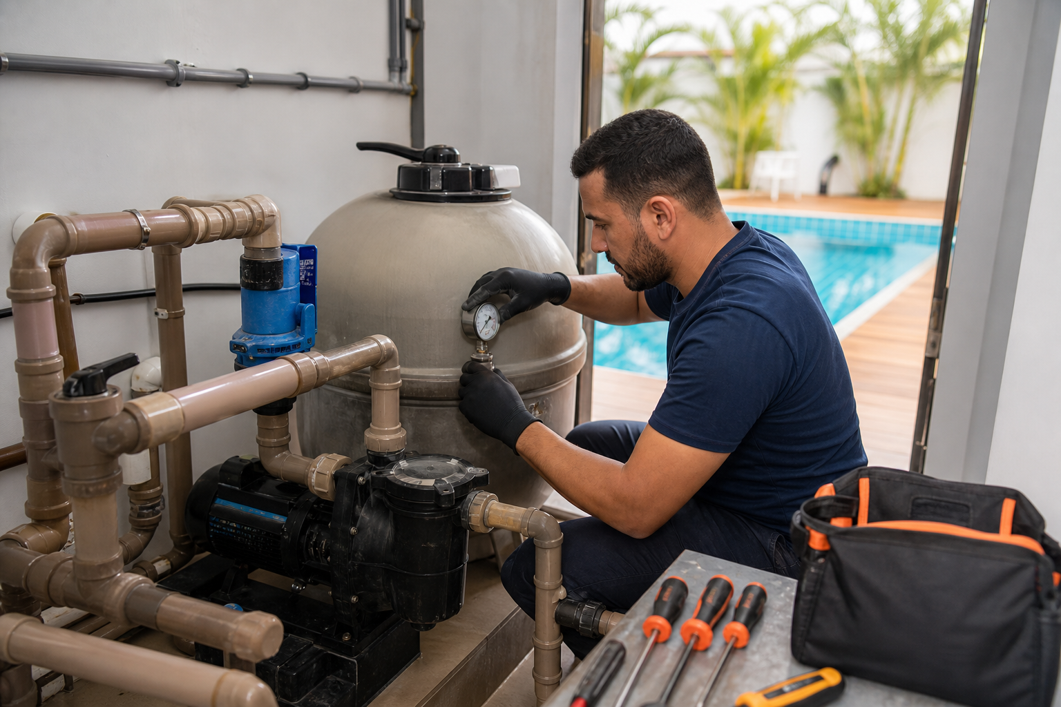 Técnico verificando filtro e manômetro da piscina na casa de máquinas