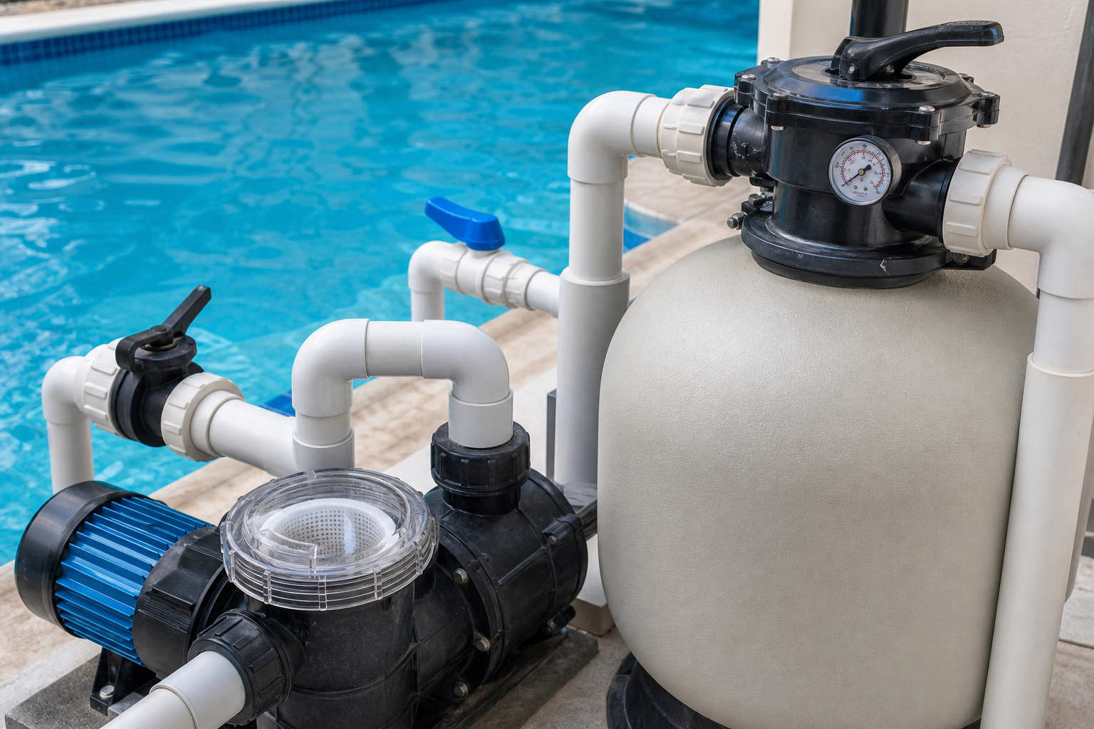 Close técnico de bomba de piscina, pré-filtro transparente, filtro de areia, manômetro e válvulas com água da piscina ao fundo