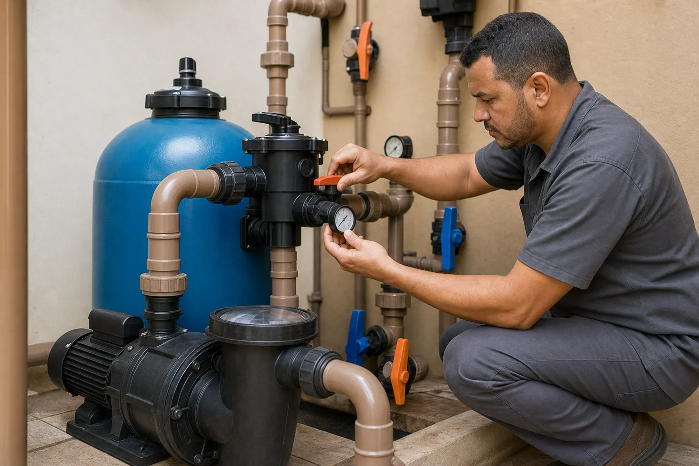 Técnico ajustando registros manômetro bomba e filtro em casa de máquinas de piscina