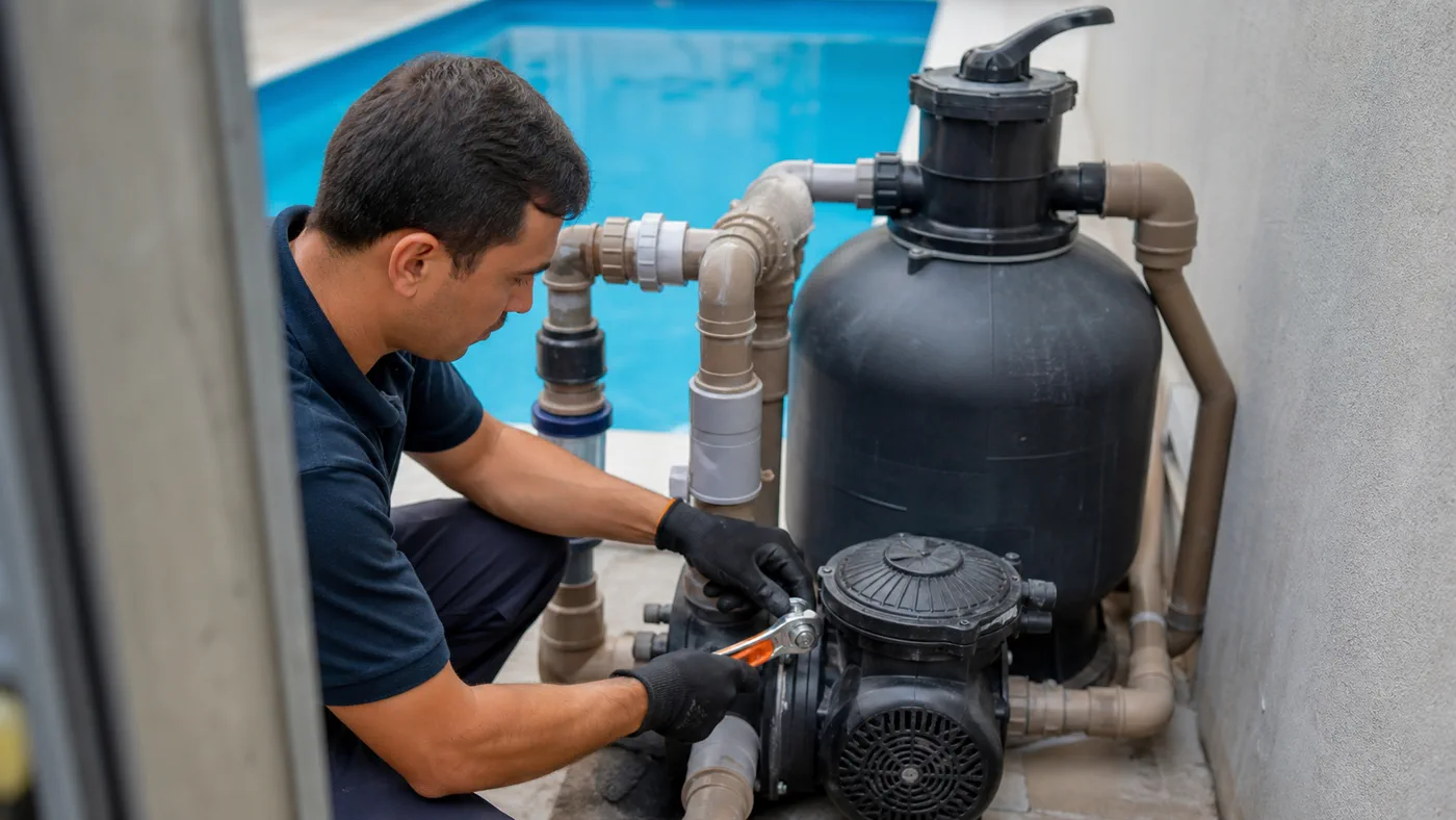 Técnico ajustando bomba válvulas e conexões hidráulicas em casa de máquinas de piscina residencial