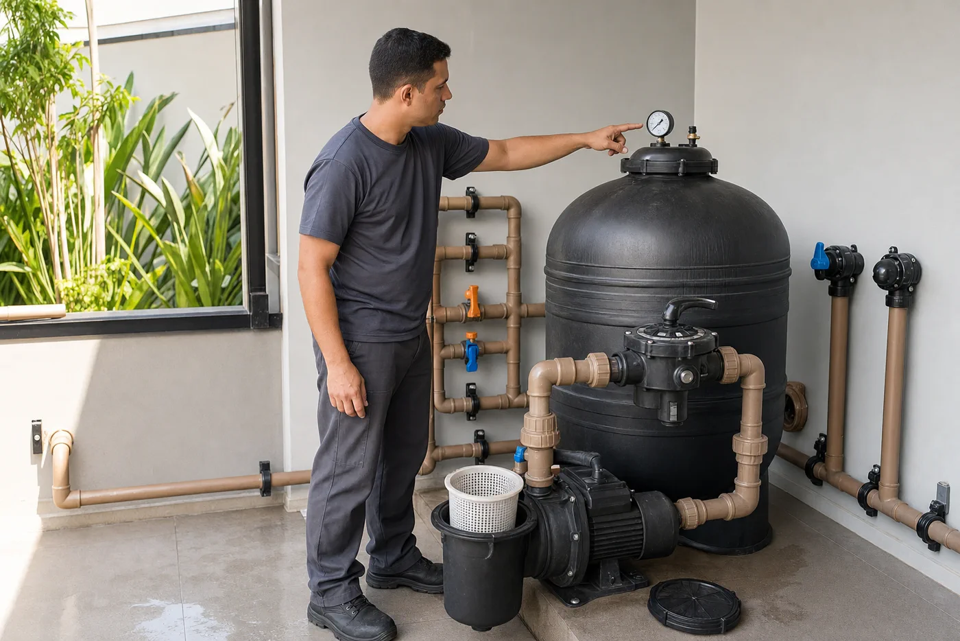 Técnico ajustando bomba válvulas e conexões hidráulicas em casa de máquinas de piscina residencial