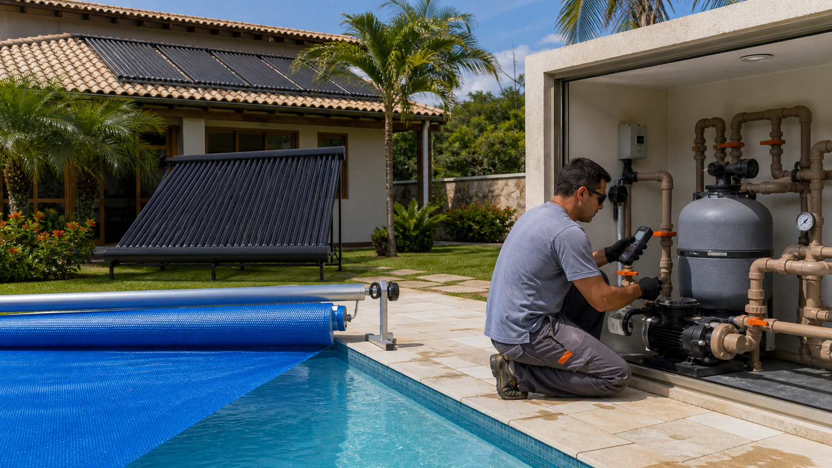 Piscina com coletores solares capa térmica e casa de máquinas