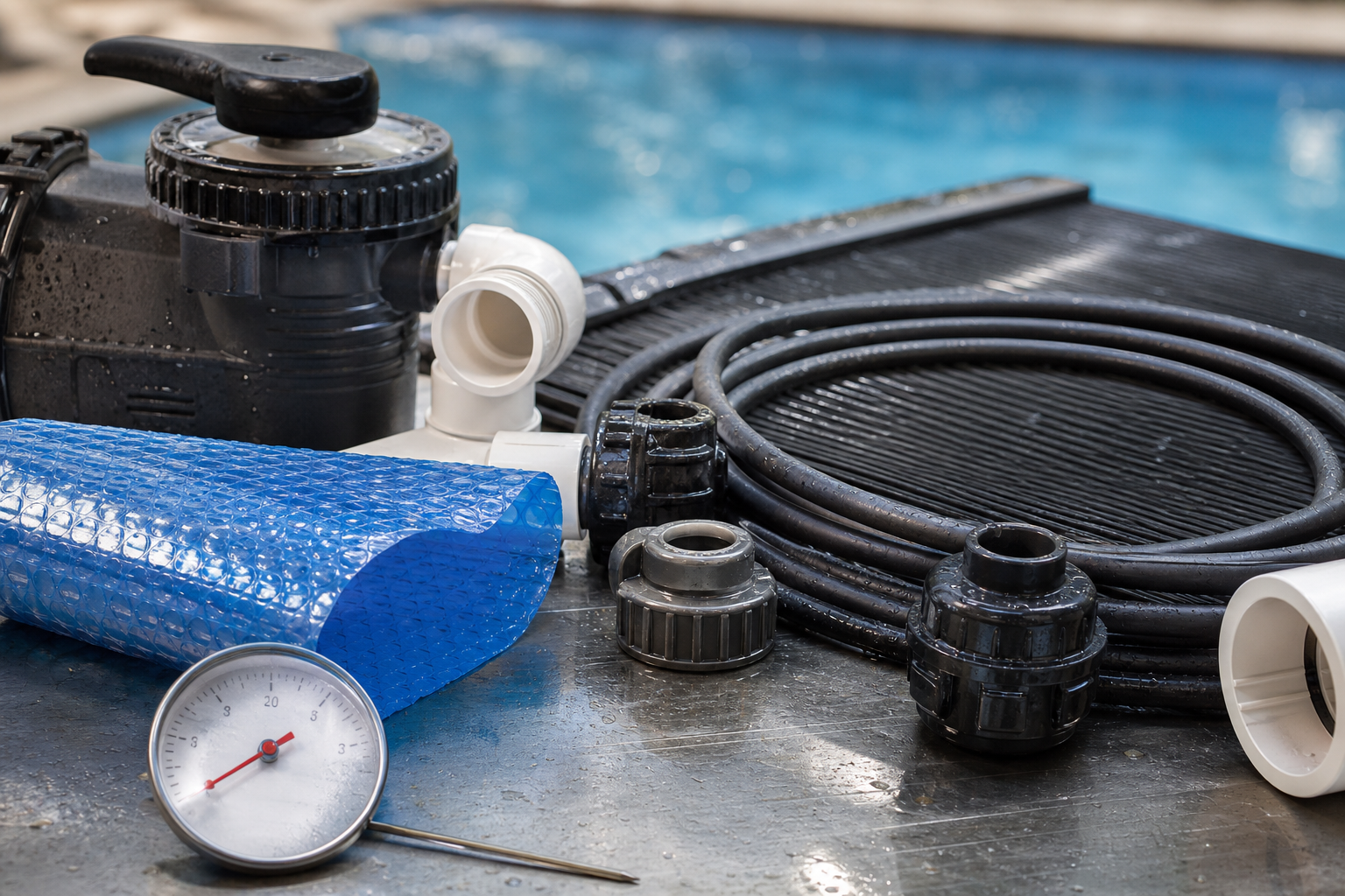 Termômetro capa térmica tubulação e válvulas de piscina aquecida