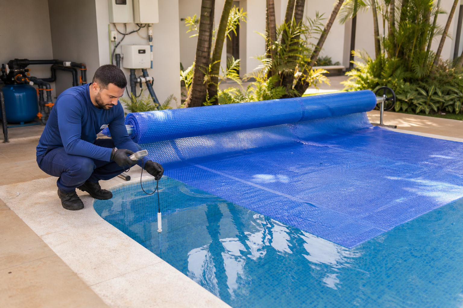 Piscina parcialmente coberta por capa térmica azul em enrolador com técnico verificando equipamento e casa de máquinas