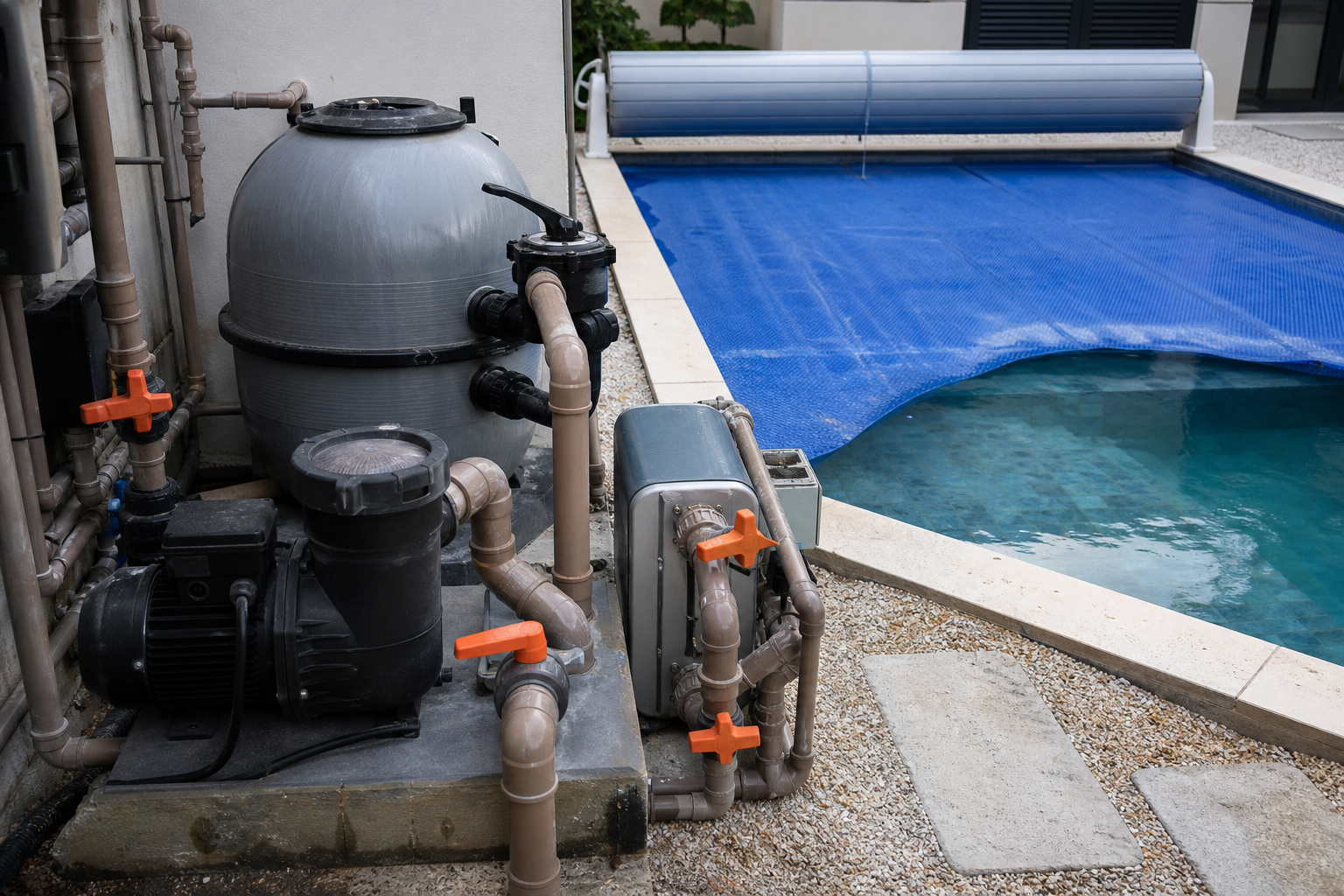 Casa de máquinas com bomba e filtro ao lado de piscina parcialmente coberta com capa térmica azul