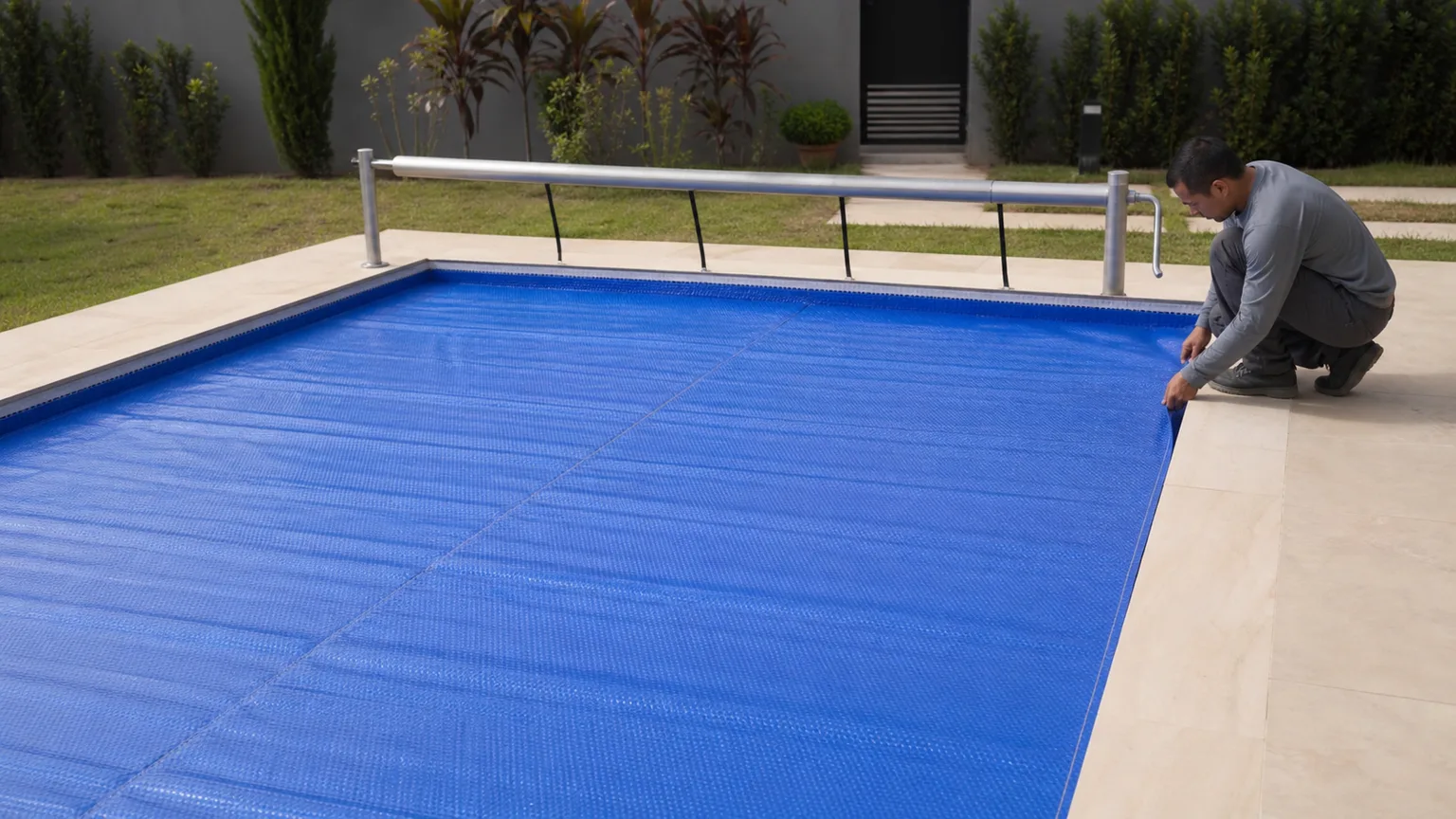 Piscina residencial com capa térmica azul instalada sobre a água e técnico ajustando a borda ao lado do rolo enrolador